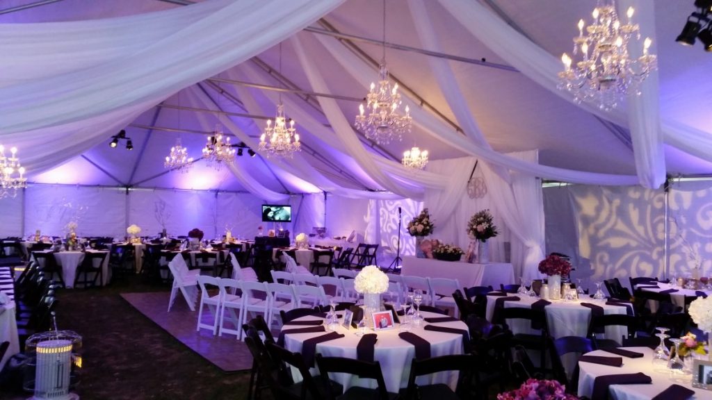 Uplighting, Gobo Projection, Draping, &amp; Chandeliers in Tent