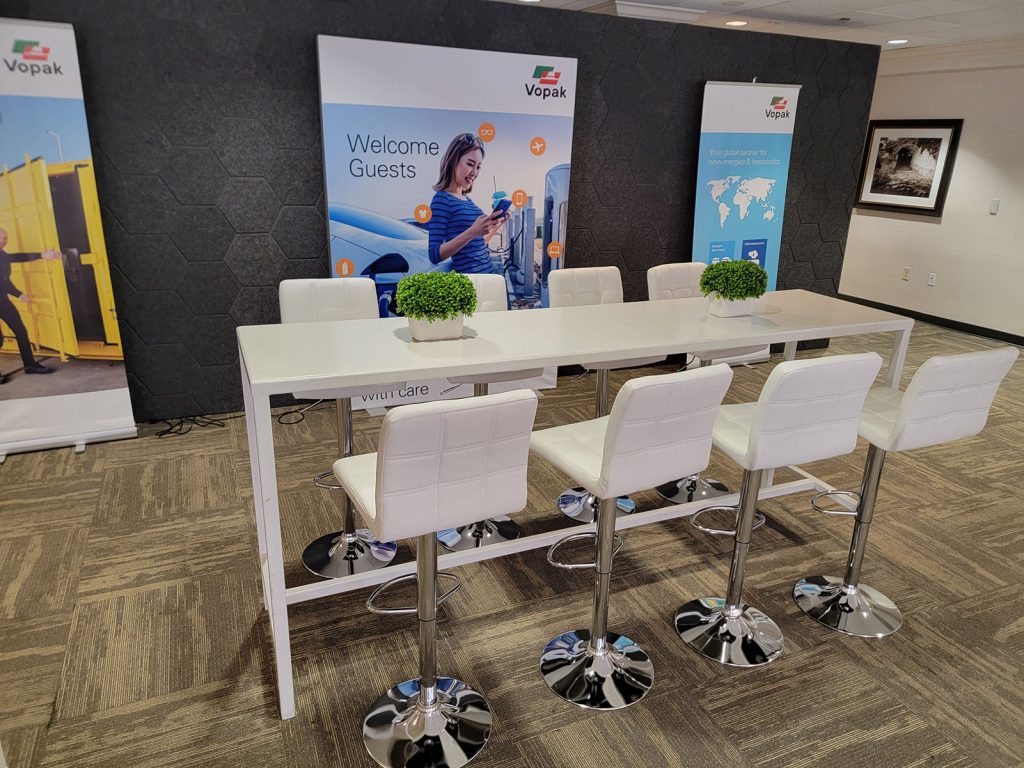 White Leather with Chrome Barstools with White Communal Table - DPC Event Services