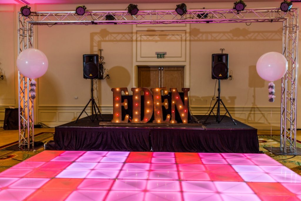 Marquee Letters with Colored Bulbs - LED Dancefloor &amp; Truss Stage Setup