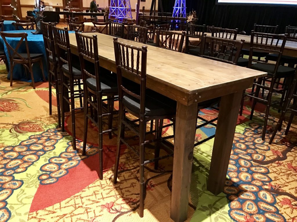 Farm Communal Tables with Chiavari Mahogany Barstools