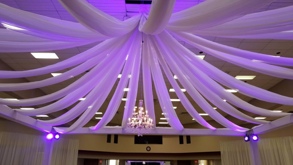 Ceiling Draping with Uplighting &amp; Chandeliers