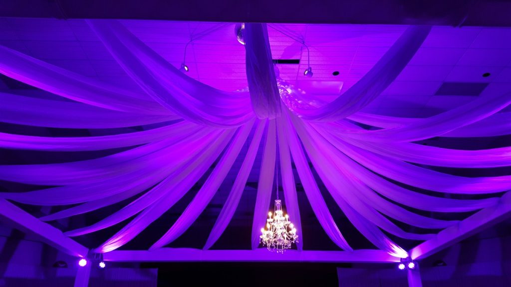 Lighted Ceiling Draping with Uplights &amp; Chandelier