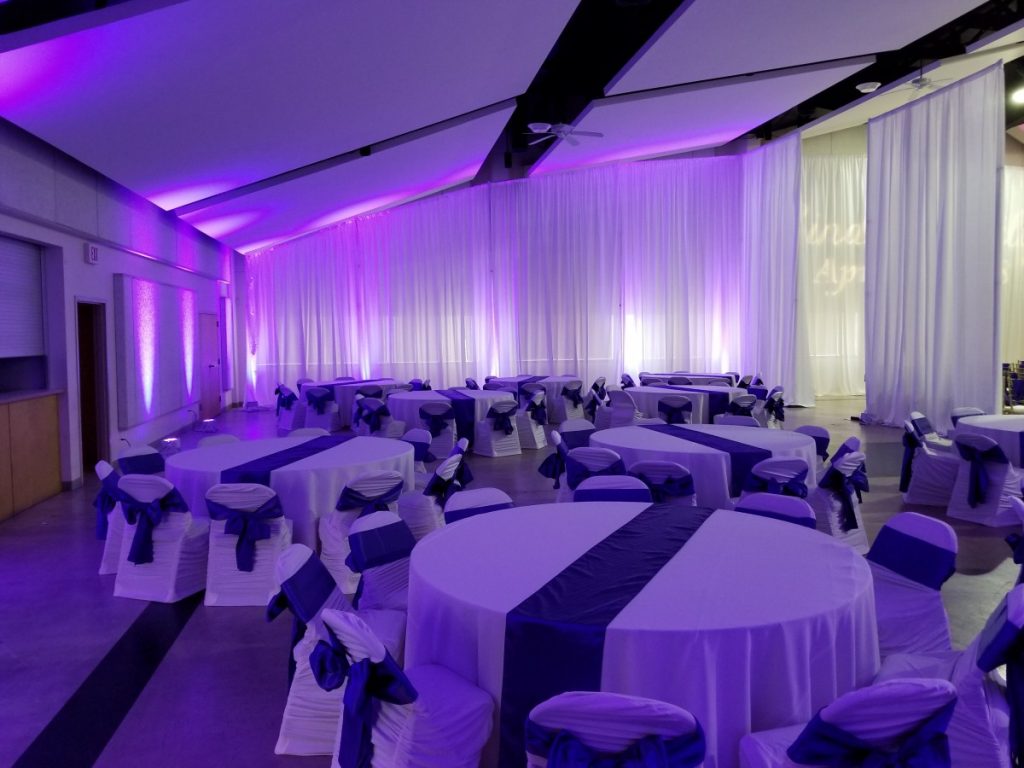 Angled White Sheer Wall Draping - with Uplights