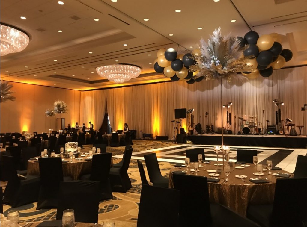Floor Mounted Pipe &amp; Drape with Uplighting