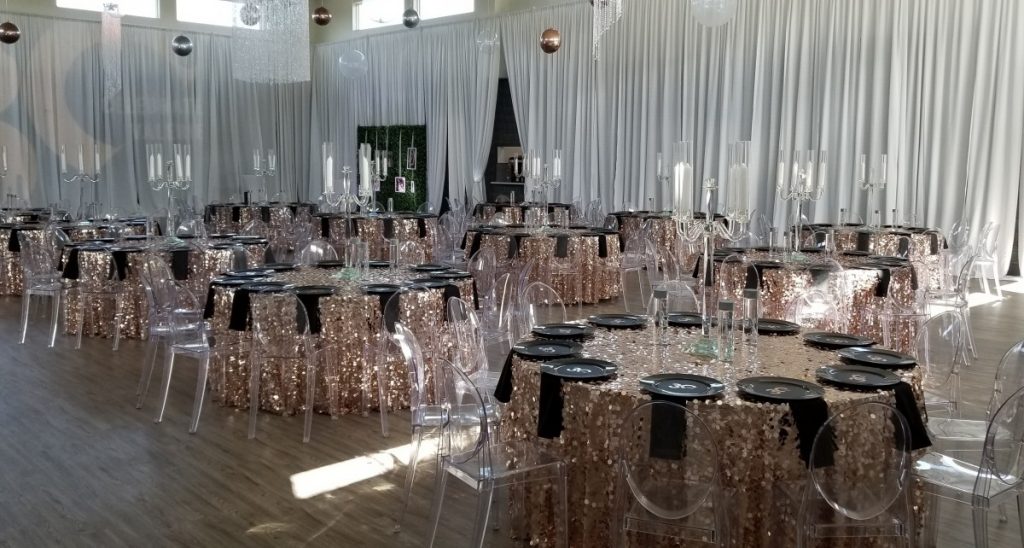 Rose Gold Payette with Ghost Chairs