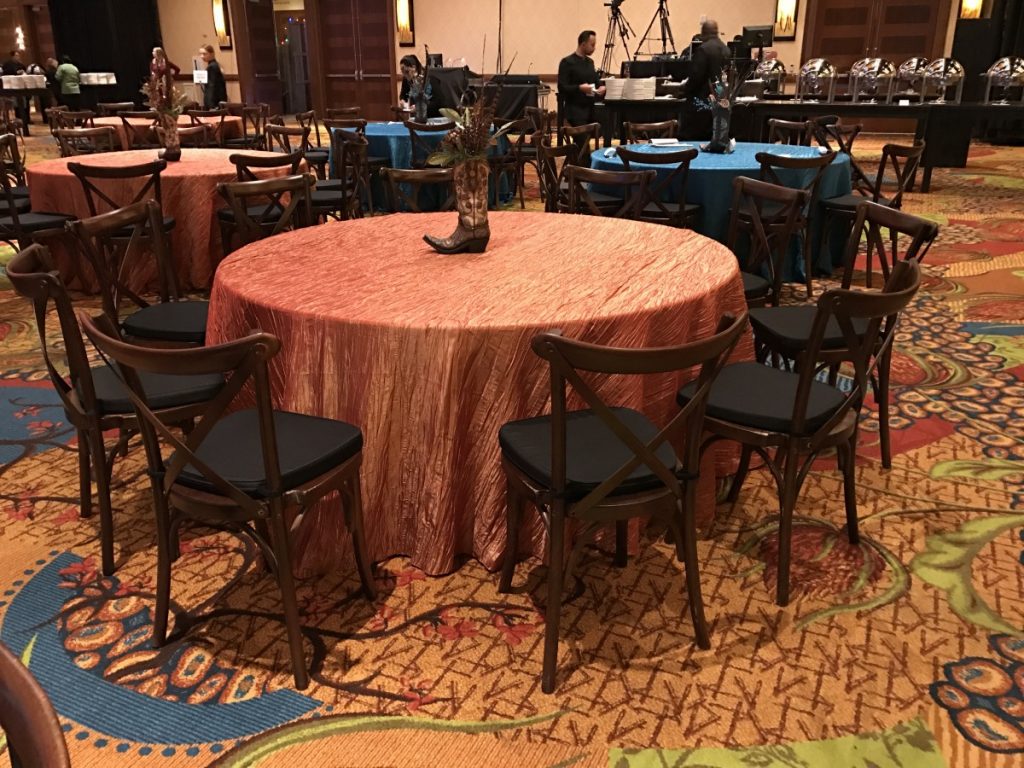 Fire Orange Crinkle Linen with Mahogany Crossback Chairs with Black Cushion