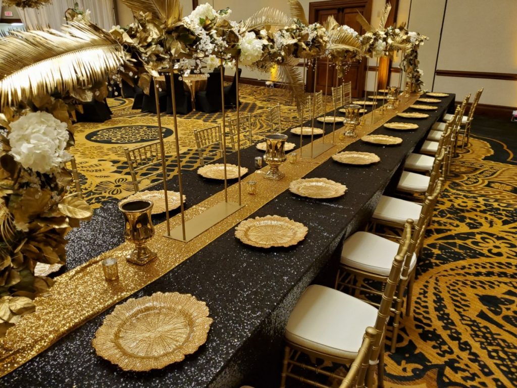 Black Sequin Tablecloth with Amber Gold Sequin Runner