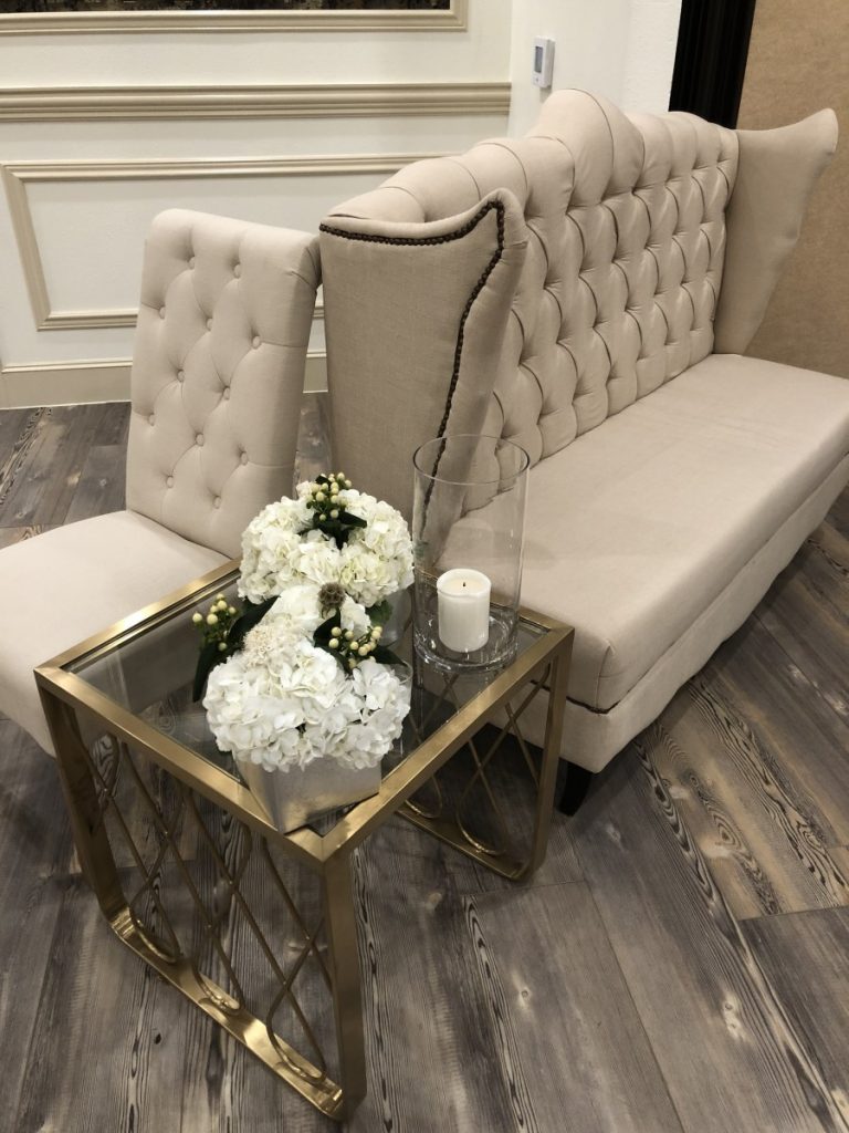 Natural Linen Sofa with Chair with Gold Glass End Table