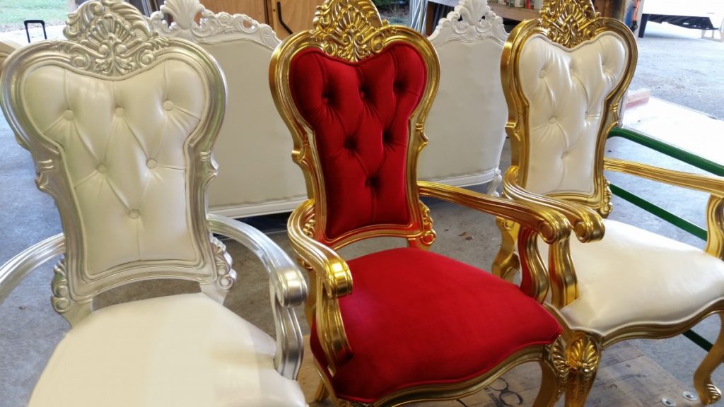 Specialty Lounge Furniture - King&#039;s Chairs featured in Red/Gold, White/Silver, &amp; White/Gold
