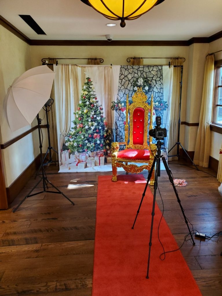 Throne Chair for Santa Setup - With Red Carpet / Step &amp; Repeat Banner