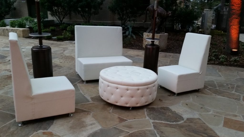 High Back Sofa &amp; Chairs with Round Tufted Ottoman