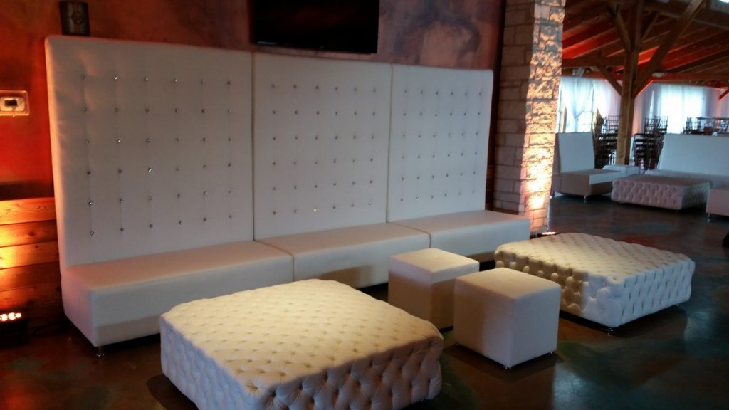 3 High Back Banquette Sofas, 2 Tufted Ottomans with 2 Small Square Ottomans