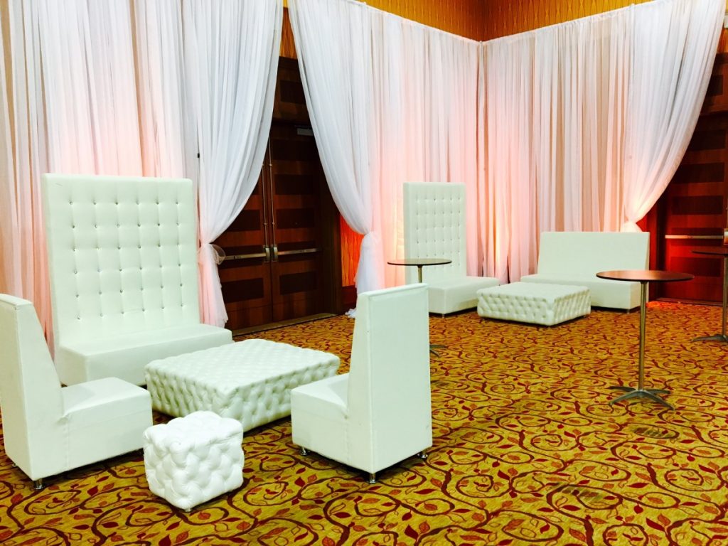 High Back Banquette Sofa, Two High Back Chairs, Large Tufted Ottoman, &amp; Small Tufted End Table