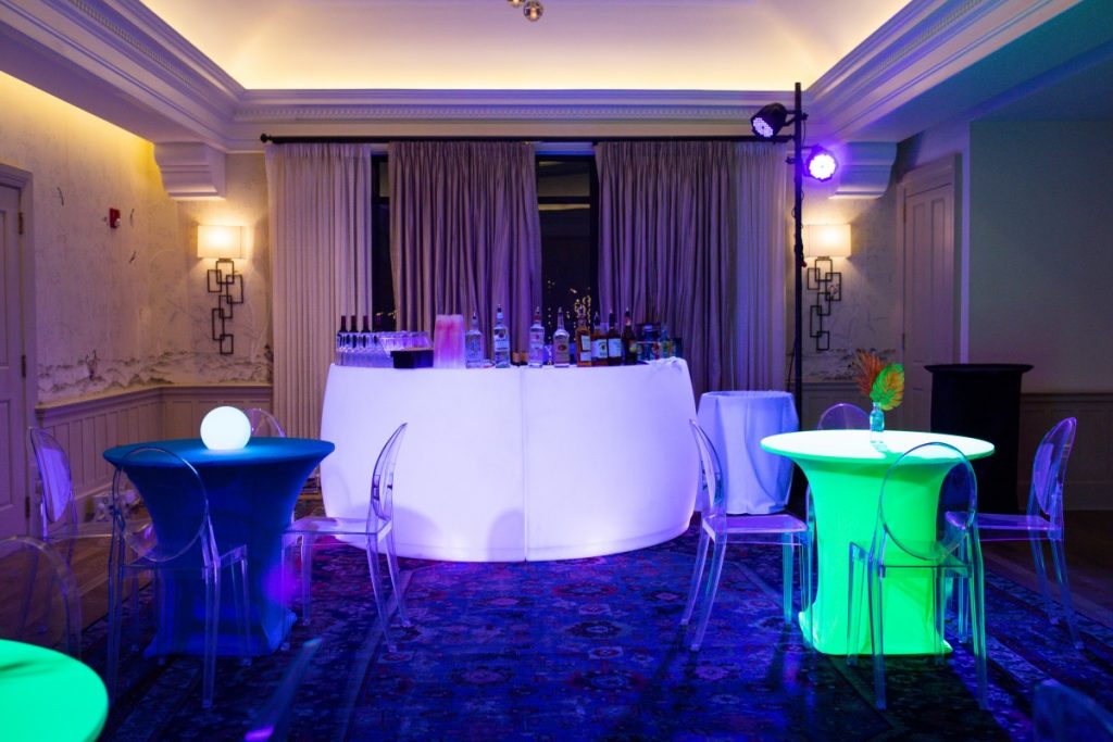Bistro Tables with Spandex Covers - Ghost Chairs - Black Lighting - LED Bar
