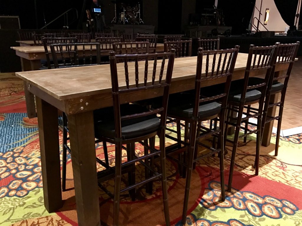 Farm Communal Tables with Mahogany Chiavari Chairs