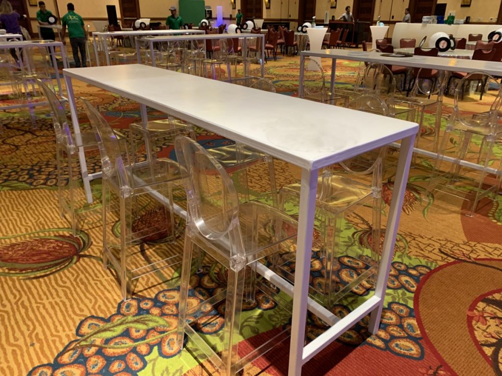 White Metal Communal Tables with Ghost Barstools