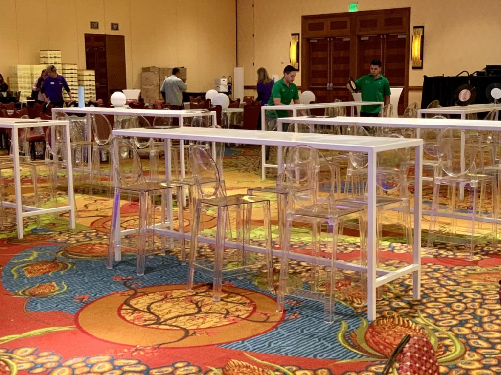 White Metal Communal Tables with Ghost Barstools