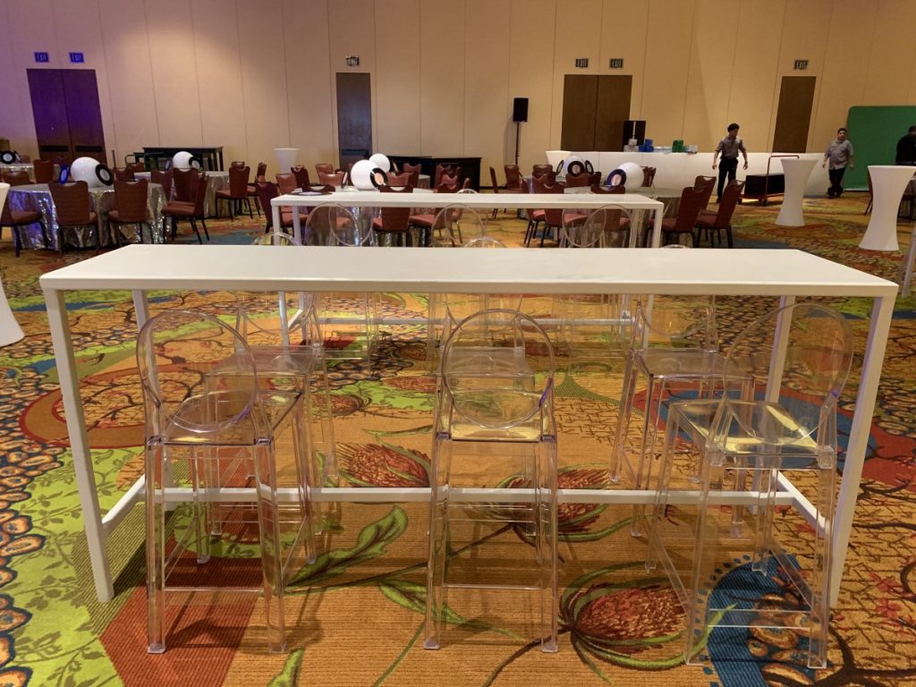 White Metal Communal Tables with Ghost Barstools